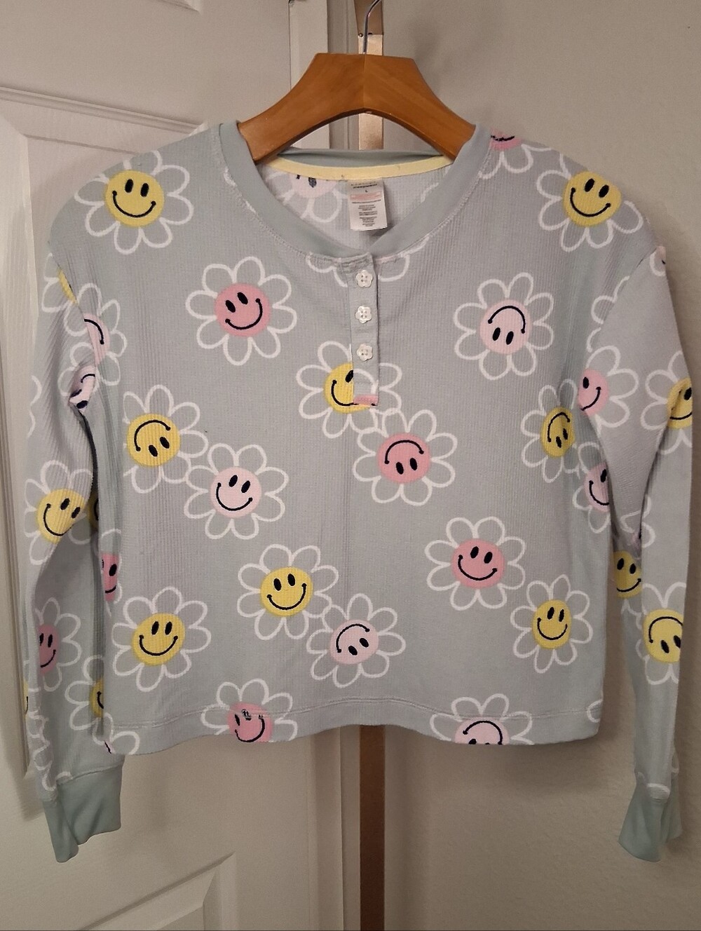 Kidtopia Thermal Smiley Face Flower Cropped Long Sleeve Sleep Shirt Large